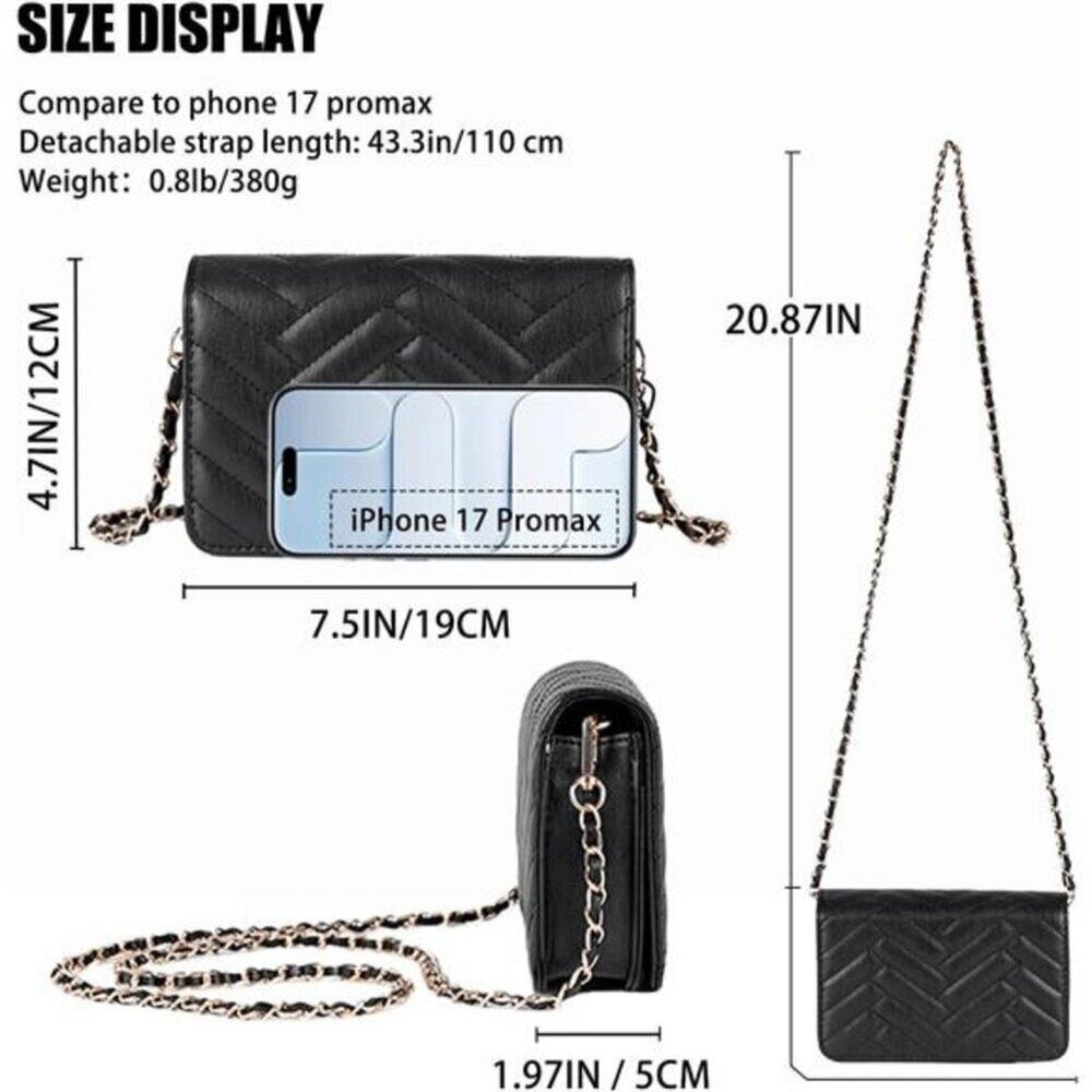 Small Black Quilted Crossbody Bag for Women – Vegan Leather Phone Wallet Purse - Picture 4 of 16